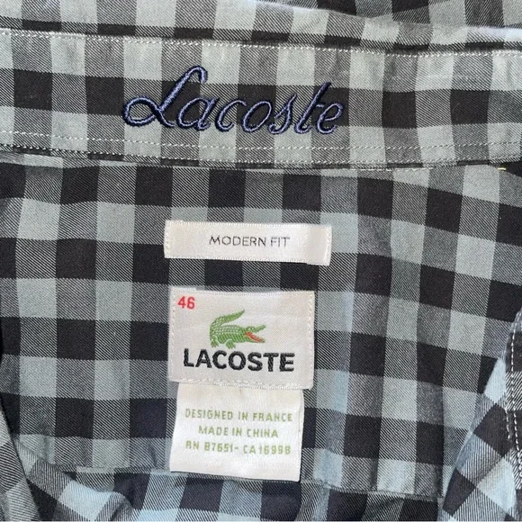 Lacoste Shirt Mens 46 Gray Check Modern Fit Long Sleeve Button Down Gray Black - Picture 4 of 9